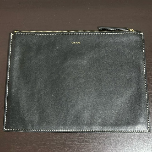 VINCE Black Leather And Suede Zippered Zip Canvas Envelope Bag Clutch